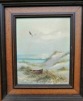 Naturalistic landscape with a boat drifting on the shore of the Balaton, framed oil-veneer painting with sign