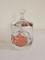 Old retro vintage craft glass jam honey offering holder plastic burnt enamel decor pattern