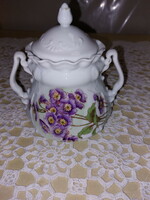 Régi gyönyörű lila virágos porcelán, nagy méretű bonbonier, keksztartó, cukortartó