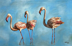 Flamingócsalád - keretezett olajfestmény -  44,7 x 66,1 cm