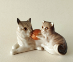 Old beautiful hand-painted porcelain cat family with balls figurine, statue, nipp, display case decoration