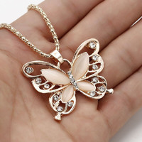 Nym38 - opal stone rose gold color butterfly pendant with necklace 40x30mm