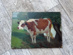 Lajos Zombory: grazing cow oil painting from Szolnok