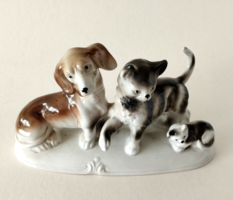Dachshund and the cat family old beautiful German porcelain figures, statue, nipp