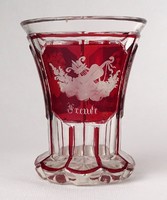 1Q778 antique crimson stained Biedermeier stemmed glass 11 cm