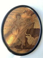 Antique, wooden inlaid picture depicting the mythological scene of the lead and the swan.