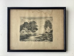 Fisherman's farm, signed etching, in a glazed garden.