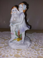 Szürke, lila ruhás porcelán kislányok, testvérek, figura, nipp