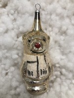 Antik, régi karácsonyfadísz, bézs sálas üveg mackó