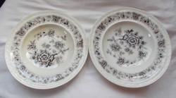 2 antique, Swedish convex soup plates with a rose pattern