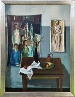 Id. Keleti Jenő (1920 - 1998) Enteriőr c. Képcsarnokos festménye 87x67cm EREDETI GARANCIÁVAL