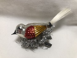 Antik, régi karácsonyfadísz, csipeszes üveg madárka a fészkében