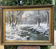 Béla Gábris: winter forest with stream 89x118cm!!!