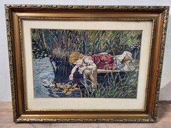 Kislány vízparton kiskacsákkal antik tűgobelin kép szép keretben. 36 x 28 cm