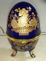 Beautiful cobalt blue, egg-shaped porcelain jewelry box with gold flower pattern