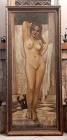 Large Female Nude Oil Painting on Canvas, Based on Lotz Károly's Bathing Woman