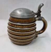 Old German tin lid glazed ceramic beer mug with 1937 engraving in perfect condition 14 cm.