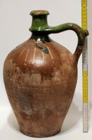 Folk ceramic water jug with white line pattern, brown and green glaze spots (3028)