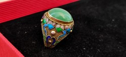 Antik, aranyozott kínai ezüst gyűrű rekeszzománccal és jadekővel