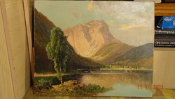 Régi olaj-vászon festmény " Hieflau "  Szép tájkép hegyvidék , tó