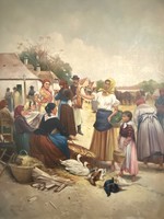 LOUIS ÉBNER OLAJ VÁSZON FESTMÉNY DEÁK ÉBNER LAJOS BAROMFIPIAC MÁSOLATA BLONDEL KERETBEN