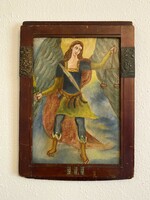 Justicia renaissance oil cardboard painting in a frame with embossed metal decoration