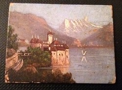 Miniatűr festmény, Château de Chillon, olaj, karton vagy fa 1900 körül