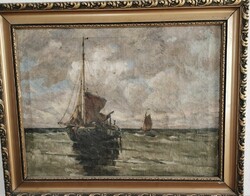 Nívósan megfestett tengeri látkép vitorlás hajó olaj-vászon festmény 51 x 64 cm