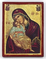 1R192 icon of Mary and the little Jesus on a wooden board 15.3 X 11.5 Cm