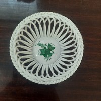 Herendi zöld Apponyi mintás porcelán fonott kosár, tál