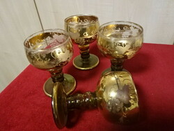 Gold-plated wine glass with grape pattern, height 11 cm. Four pieces. Jokai.