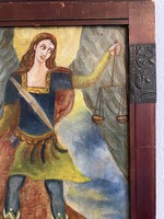 JUSTICIA RENESZÁNSZ HANGULATÚ OLAJ KARTON FESTMÉNY DOMBORÍTOTT FÉM DÍSZÍTÉSŰ KERETBEN