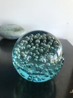 Nagyméretű, 9 cm átmérőjű muranói, vagy cseh csodás üveg levélnehezék - kék, tele buborékkal (20/E2)