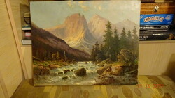 Régi olaj-vászon festmény " Hieflau " Szép tájkép hegyvidék, patak