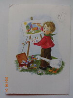 Régi grafikus üdvözlő képeslap: tájképet festő kisfiú libával
