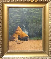 A. Von pettenkofen: gypsy hut - contemporary copy, oil painting in frame - h. J. Monogram
