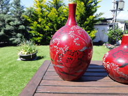 Piros, keleti stílusú kézzel festett váza duó