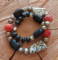 Unique mineral necklace with sponge coral, lava stone and Dalmatian jasper minerals, magnetic ball clasp