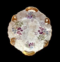 Jelzés nélküli ámde gyönyörűséges vintage aranyozott kétfüles mezei virágos porcelán tál