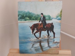 (K) Szignózott lovas festmény 40x31 cm