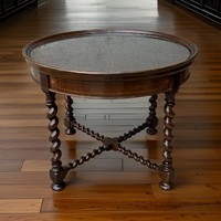Antique marquetry circular coffee table with protective glass top