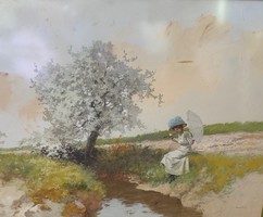 Neogrády Antal (1861 -1942) festménye - Hölgy napernyővel - Eredeti, szignált, hibátlan!