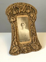 Antique art nouveau photo holder carved wood with cherry decoration 32 cm
