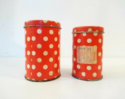 Retro piros cukor / sótartó bádog dobozok pöttyös mintával az 1970-es évekből