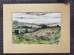Ink/watercolor landscape with barcsay mark