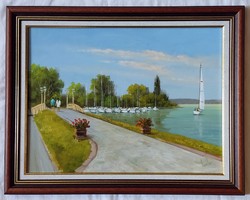 Lantos György "Balatonföldvár, bejárat a Galamb-szigetre" c. festmény minőségi, szép keretben