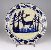 1R206 old Korund earthenware bowl with deer 22 cm