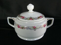 Porcelain lidded sugar bowl or bonbonier with a pink pattern