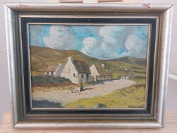 (K) farm, village signed landscape painting with frame 40x33 cm