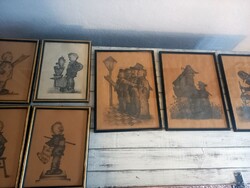 7 pieces of contemporary art deco hummel drawing, original charcoal drawing and pencil